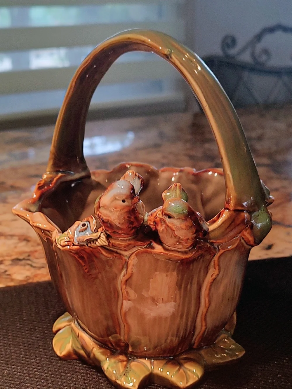Hand-Painted Ceramic Bird Basket - Green and Brown Home Art